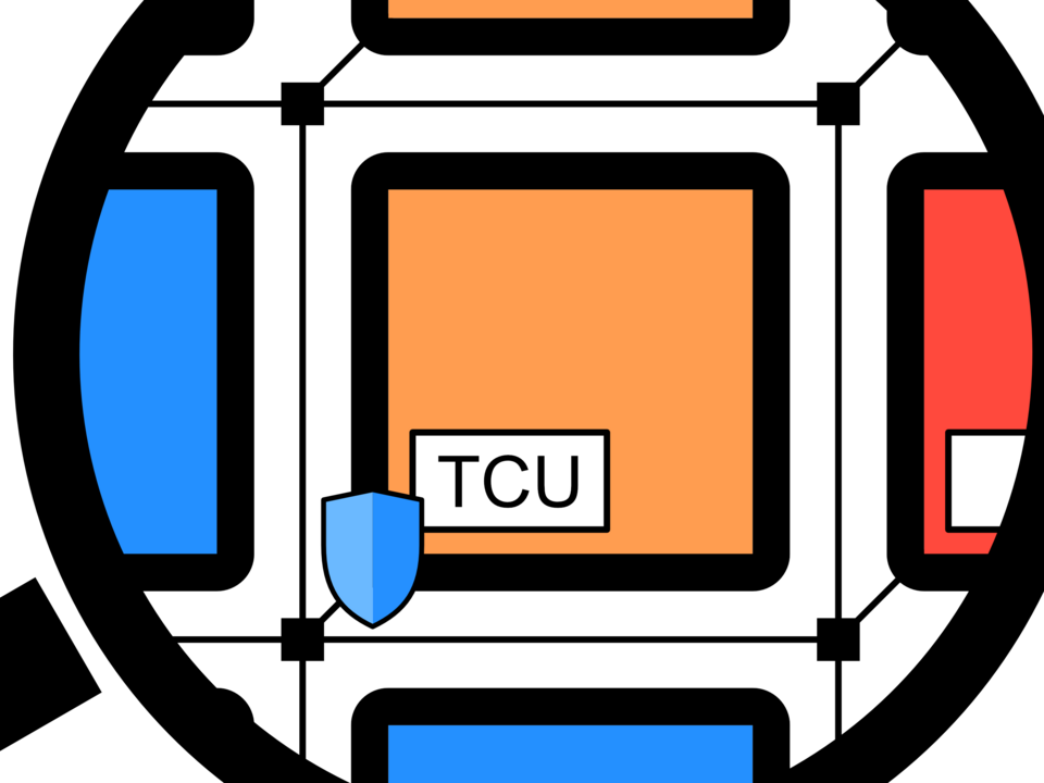 Ausschnitt einer Infografik mit stilisierten, farbigen Rechtecken, die einzelne Module symbolisieren. Im Zentrum steht ein orangefarbenes Quadrat mit der Beschriftung 'TCU' und einem blauen Schildsymbol daneben. Die TCU (Trusted Communication Unit) ist als spezielle Hardwarekomponente hervorgehoben, die Kommunikationskanäle überwacht. Schwarze Linien und Verbindungen deuten die Vernetzung der Module an.