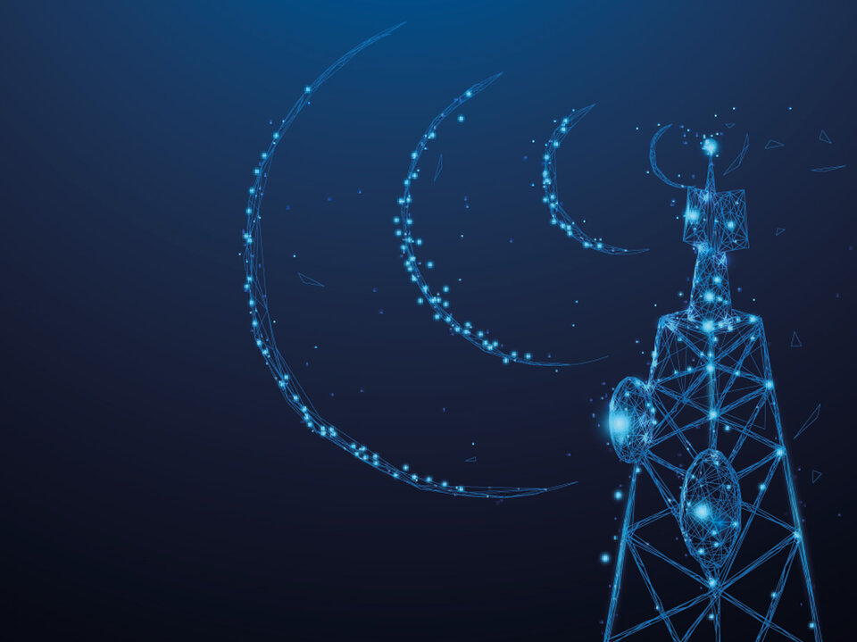 Telecommunication signaling device in bright light blue on a dark blue background