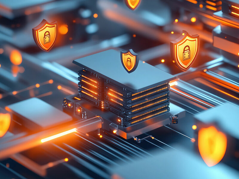 3D-Darstellung eines digitalen Serversystems mit leuchtenden Sicherheitssymbolen, die Schutz und Datenverschlüsselung symbolisieren.