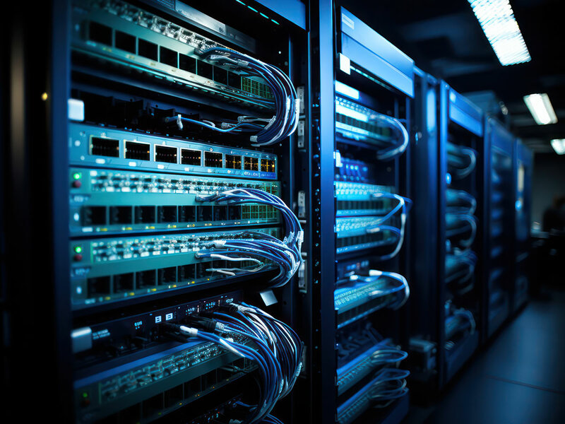 Several servers in a data center, arranged in a straight line and connected with network cables.