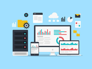 Flache Grafik mit blauem Hintergrund und Symbolen für Datenmanagement, Rechenzentrum, Schutz, Speicherung, digitale Privatsphäre, Netzwerkserver.