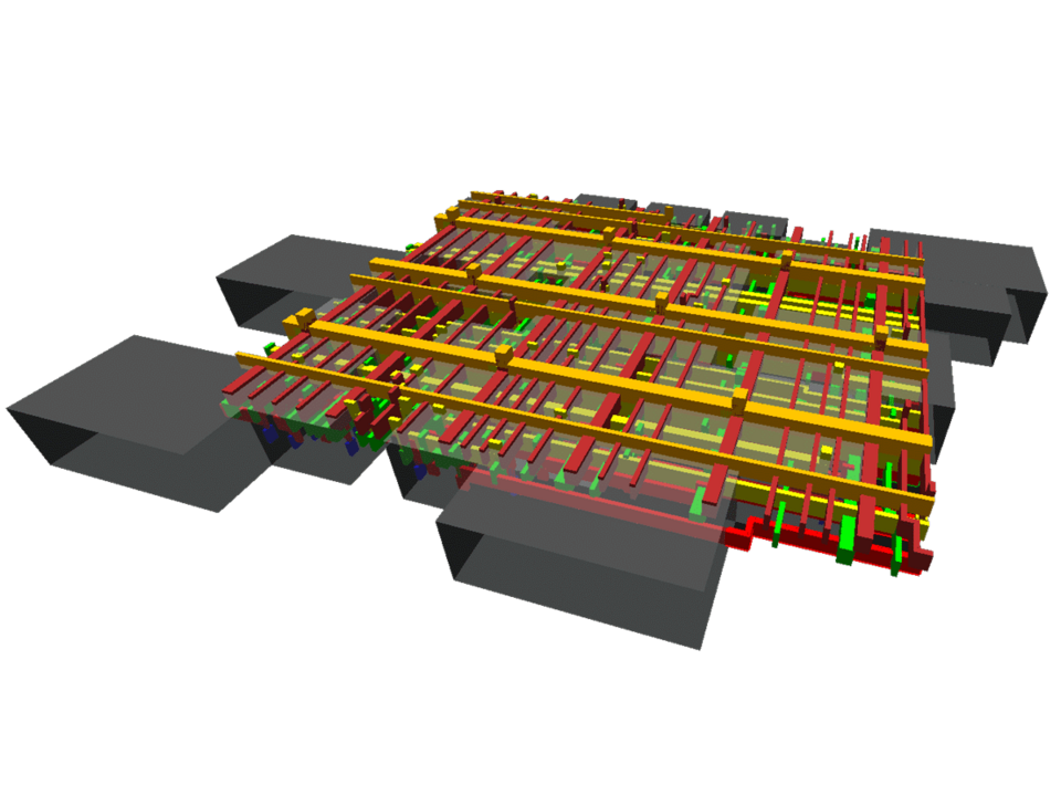 Dreidimensionelle Planungsskizze eines Mikrochips mit einem komplexen Netzwerk aus farbigen Leitungen und Verbindungen. Die Leitungen verlaufen in mehreren Schichten und sind in verschiedenen Farben dargestellt, darunter Rot, Grün, Gelb und Violett. Die Struktur ist rechteckig und wird von grauen, blockartigen Elementen an den Seiten eingerahmt. Die Darstellung zeigt die interne Verschaltung und Architektur des Mikrochips in einer transparenten Ansicht, die die verschiedenen Ebenen und Verbindungen sichtbar macht.