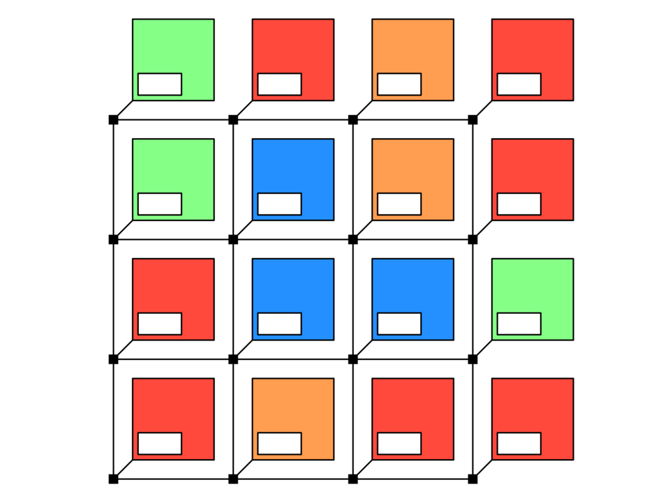 Color graphic showing fifteen rectangular fields arranged in a grid pattern. The fields are colored red, green, blue, and orange. Each field contains a white rectangle at the bottom. Black lines connect the corners of the fields. The graphic illustrates the different functional units of a microchip, such as accelerators, and uses color to distinguish their various roles.