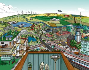 ein gezeichnetes Bild zeigt eine moderne Stadt und eine Landschaft