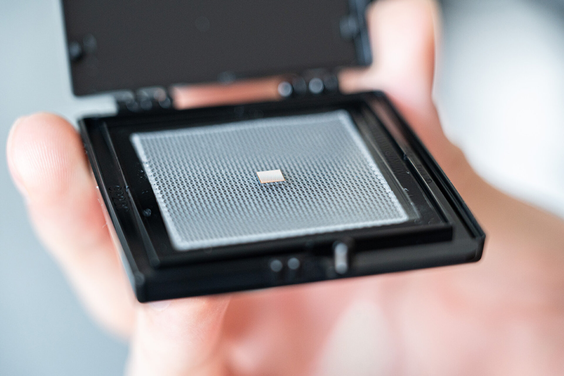 Hand holding an open black plastic case containing a small square bare chip on a perforated carrier plate