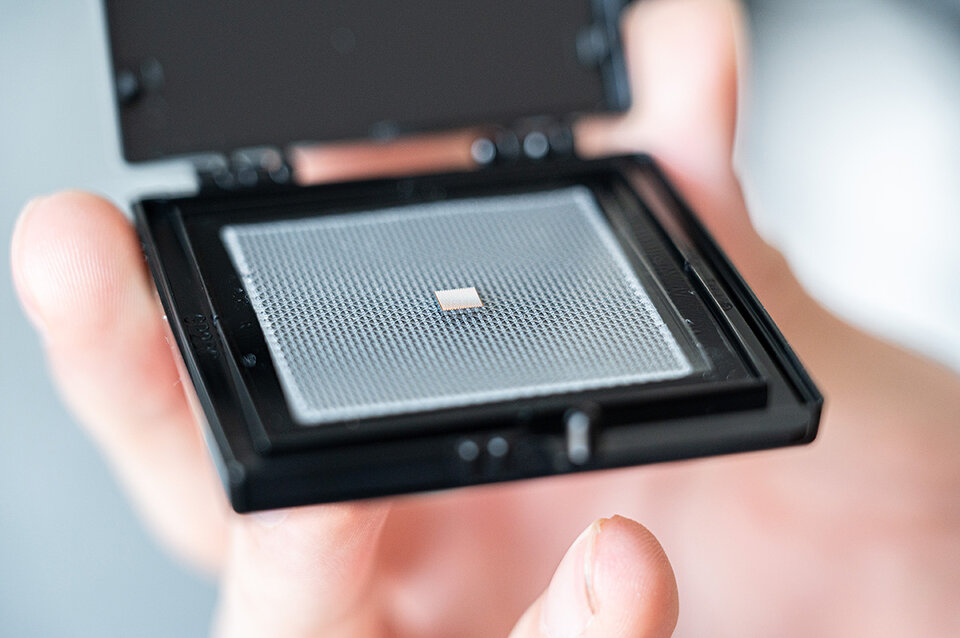 Hand hält eine geöffnete schwarze Kunststoffbox mit einem kleinen, quadratischen Chip ohne Gehäuse auf einer perforierten Trägerplatte