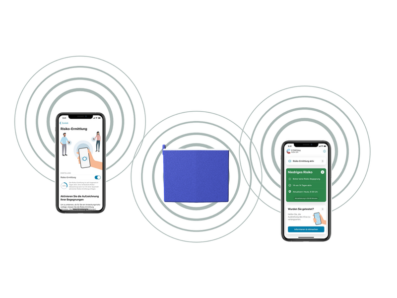 schematic image of the Corona Warn Buzzer and two smartphones