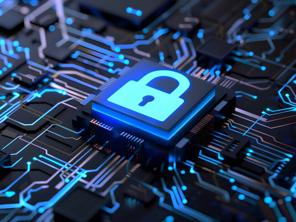Schwarze elektronische Leiterplatte mit blauen und rosa Linien. In der Mitte befindet sich ein Schloss, das Sicherheit symbolisiert.