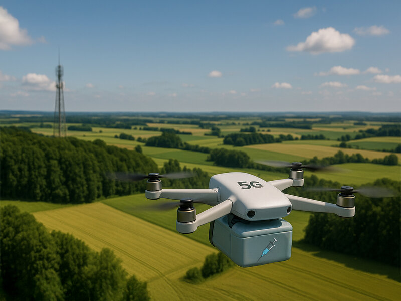  A drone flies over fields and forests. On its front is has a label with a syringe suggesting that it is used for some kind of medical reason. A drone flies over fields and forests. On its front is a sign with a white cross on a red background, indicating that it is being used for medical purposes. There is an antenna tower in the background. A drone flies over fields and forests. On its front is a sign with a white cross on a red background, indicating that it is being used for medical purposes. There is an antenna tower in the background. 