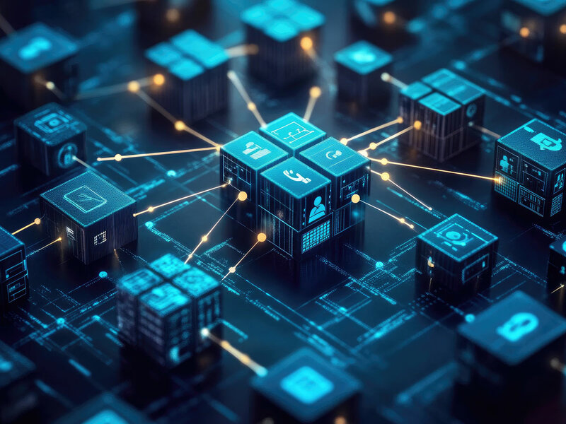 Vernetzte digitale Würfel mit Symbolen für Technologie und Datenfluss in Blau- und Schwarztönen