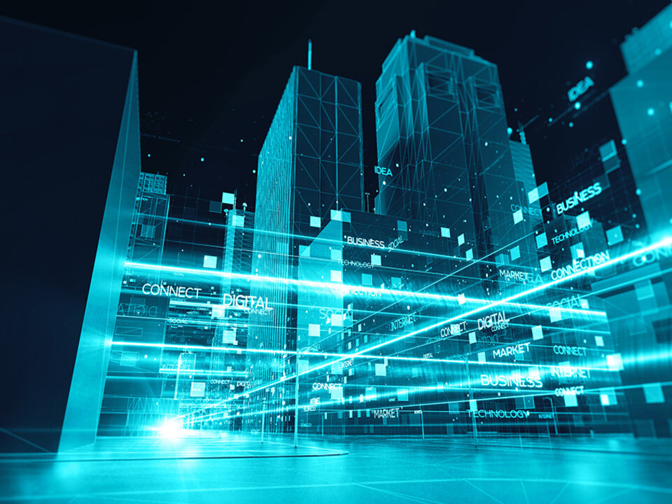 cityscape in bright blue with very dark blue background