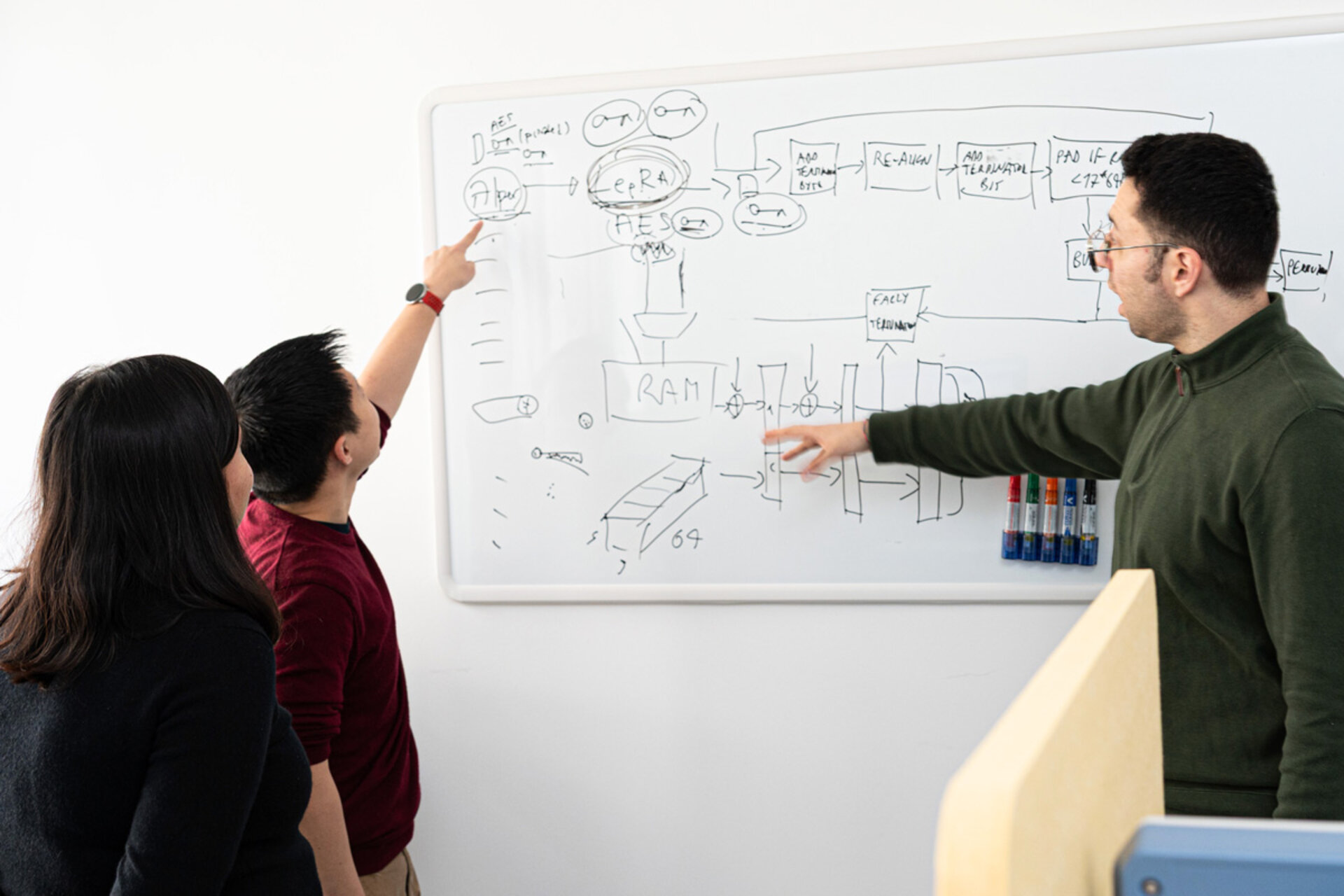 Three people stand in front of a whiteboard covered with diagrams and handwritten notes, two pointing at different sections