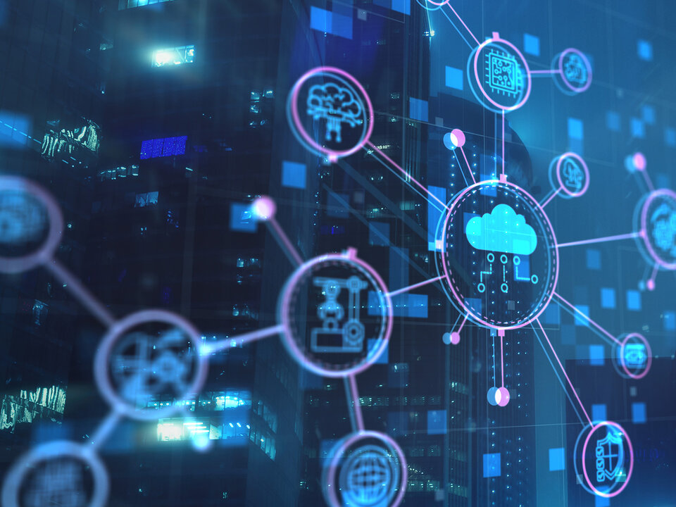 smart industry symbols in net structure with dark blue background