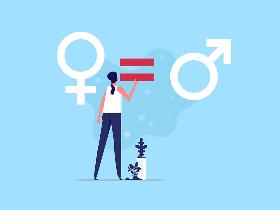 You see a blue background. A women ist holding the equal sign between a female and a male sign.