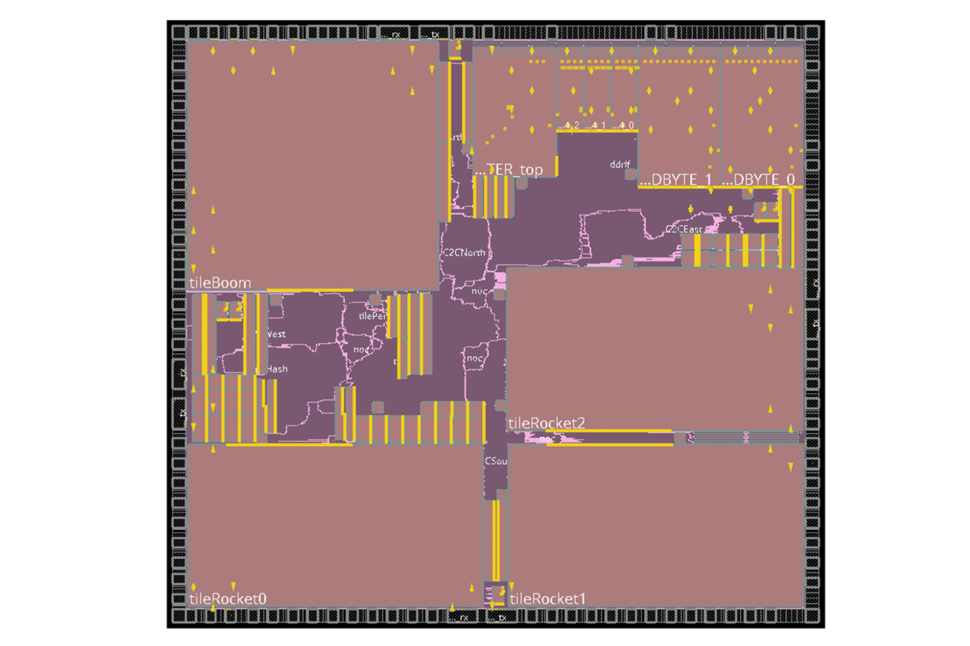 Layout eines Mikrochip-Designs mit markierten Bereichen wie tileBoom, tileRocket0, tileRocket1, tileRocket2 und Beschriftungen wie TER_top, DBYTE 0 und DBYTE 1