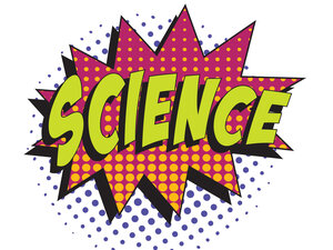 Wort Wissenschaft in bunten Retro-Comic in Sprechblase mit Halbton gepunkteten Schatten auf weißem Hintergrund