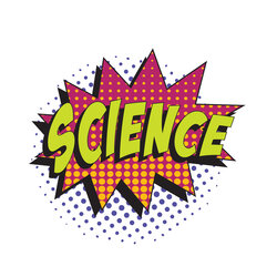 Wort Wissenschaft in bunten Retro-Comic in Sprechblase mit Halbton gepunkteten Schatten auf weißem Hintergrund