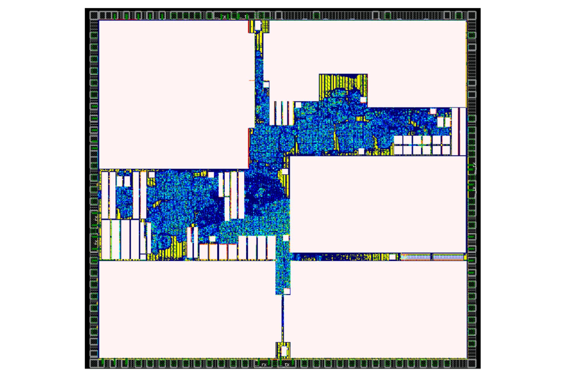 Plattform-Chip-Layout mit komplexen Schaltkreisen und Verbindungsbahnen in rechteckiger Anordnung