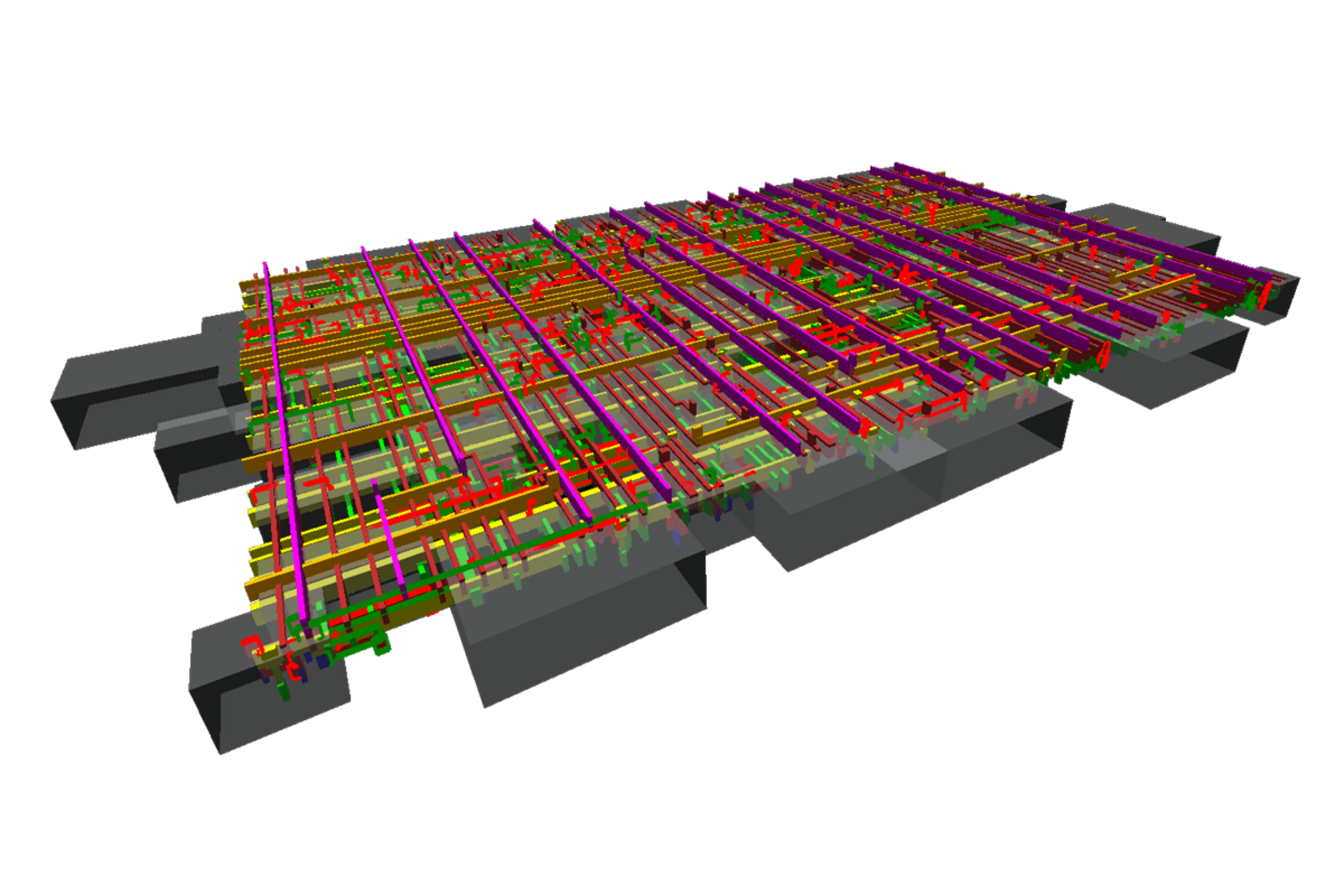 3D-Ansicht eines Plattform-Chips mit geschichteten Leiterbahnen in Rot, Grün und Lila über einer grauen Grundstruktur