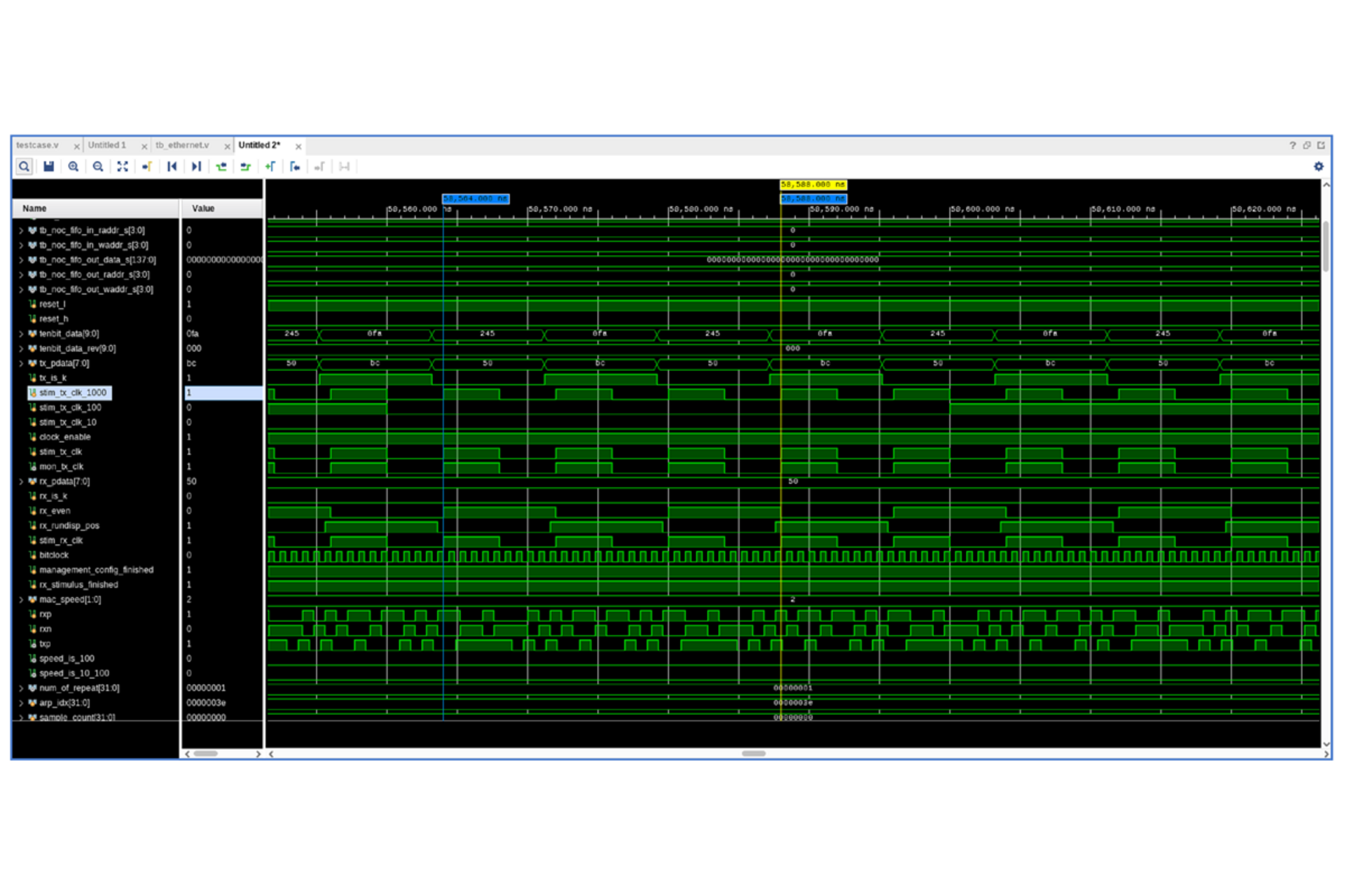 Messsignale einer Netzwerkkarte während des Betriebs, dargestellt als digitale Wellenformen in einem Simulationsfenster mit Signalnamen und Zeitachsen