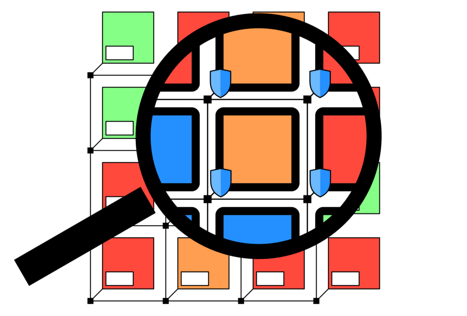 A color infographic displays schematic, rectangular functional units arranged in a grid. Some units are orange, others blue, green, or red. A large black magnifying glass highlights several functional units. Small shield symbols at the edges of the highlighted units indicate protection or isolation. The graphic illustrates the concept of trustworthiness and isolation of modular functional units on a chip at an early design stage.