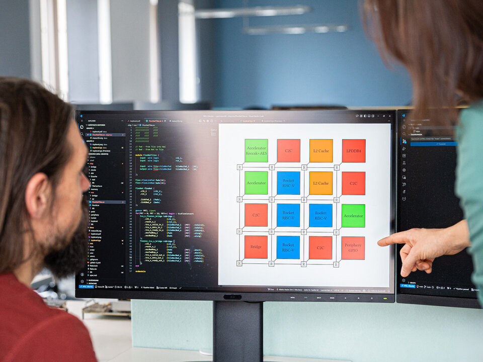 Zwei Personen betrachten einen Bildschirm mit Programmiercode links und einem farbigen Blockgrafik rechts, eine Person zeigt auf die Grafik.