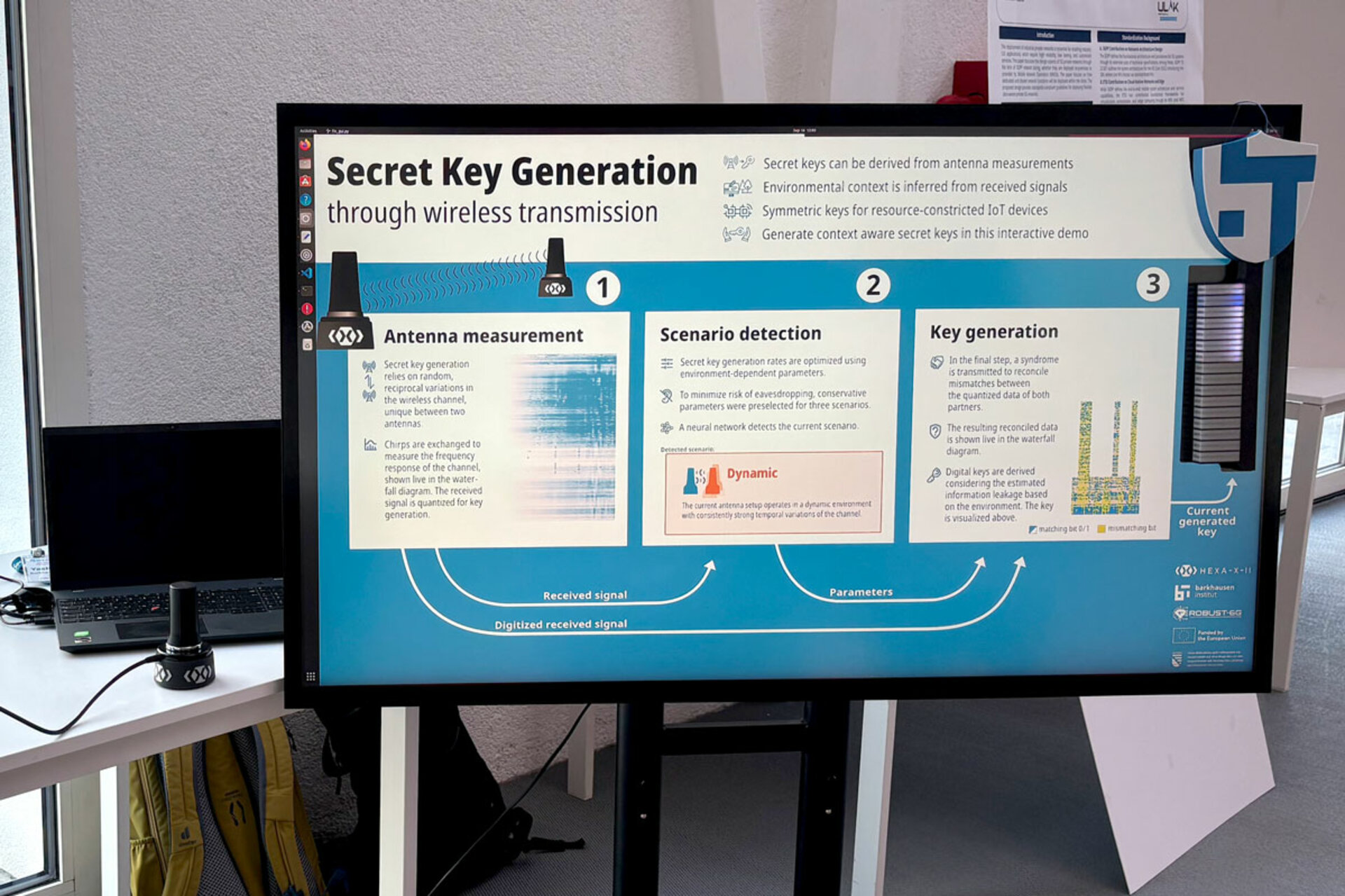 Display screen showing 'Secret Key Generation through wireless transmission' with sections on Antenna measurement, Scenario detection, and Key generation, including diagrams and text.
