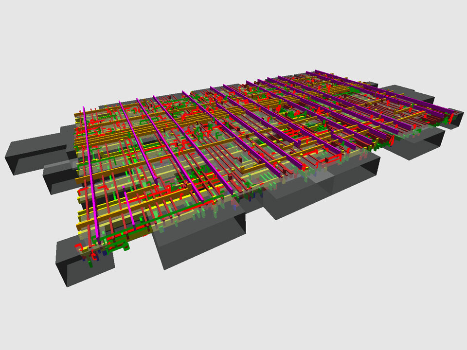 Dreidimensionelle Planungsskizze eines Mikrochips mit einem komplexen Netzwerk aus farbigen Leitungen und Verbindungen. Die Leitungen verlaufen in mehreren Schichten und sind in verschiedenen Farben dargestellt, darunter Rot, Grün, Gelb und Violett. Die Struktur ist rechteckig und wird von grauen, blockartigen Elementen an den Seiten eingerahmt. Die Darstellung zeigt die interne Verschaltung und Architektur des Mikrochips in einer transparenten Ansicht, die die verschiedenen Ebenen und Verbindungen sichtbar macht.