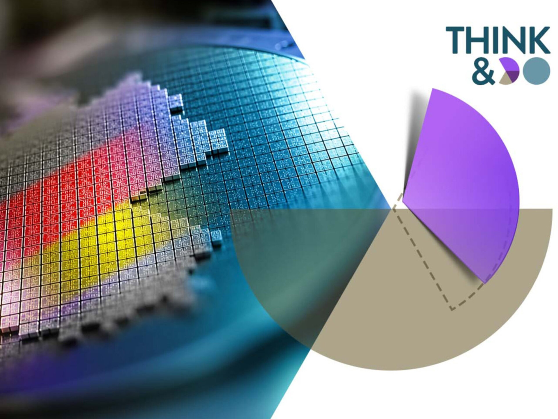 Nahaufnahme eines Silizium-Wafers mit Deutschlandflagge aus Pixeln und einem halbtransparenten Tortendiagramm mit dem Text 'THINK & DO'