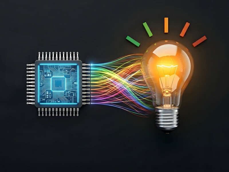 A microchip with visible circuit traces and pins is shown on the left. Multiple bundled, colored light lines flow from the microchip to the right, connecting to a glowing lightbulb. Above the bulb, short colored lines are arranged to represent radiating light. The background is solid dark.