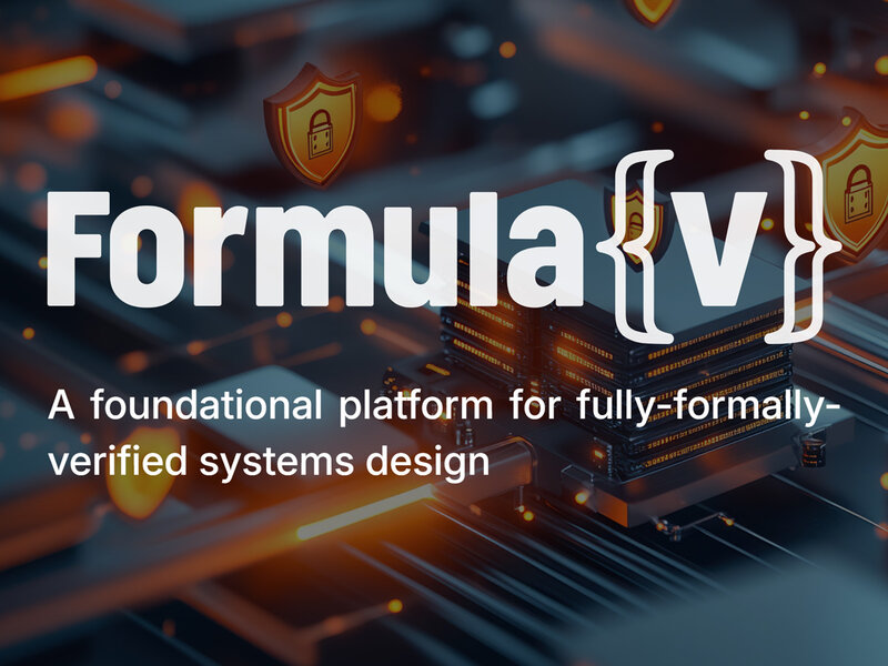 Formula-V Logo auf einer 3D-Darstellung eines digitalen Serversystems mit leuchtenden Sicherheitssymbolen, die Schutz und Datenverschlüsselung symbolisieren.