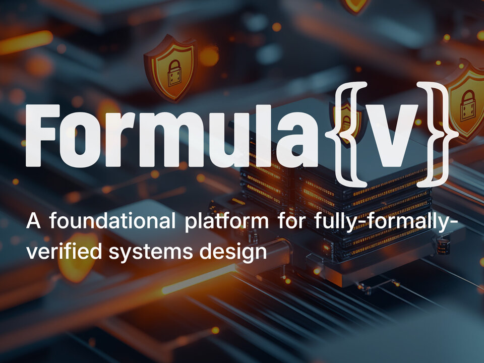 Formula-V Logo auf einer 3D-Darstellung eines digitalen Serversystems mit leuchtenden Sicherheitssymbolen, die Schutz und Datenverschlüsselung symbolisieren.