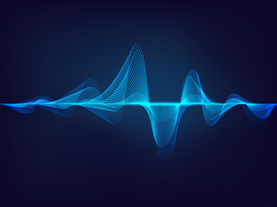 Light blue sound wave against a dark blue background