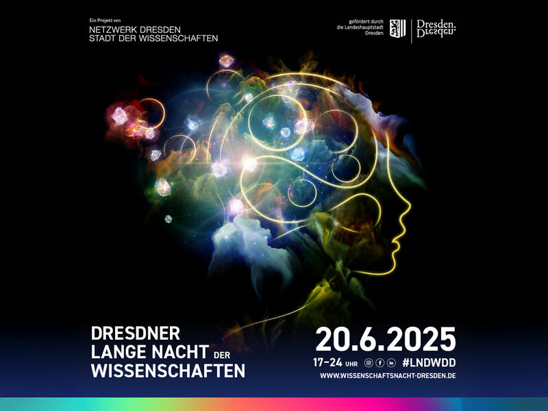 Werbebild mit Logo, dem Titel (Dresdner Lange Nacht der Wissenschaften) und dem Datum (20.6.2025). Der Hintergrund ist schwarz. Im Zentrum des Bildes ist ein stilisierter Kopf im Profil zu sehen. Bunte Lichter bilden die Kontur und die Umrisse des Gehirns.