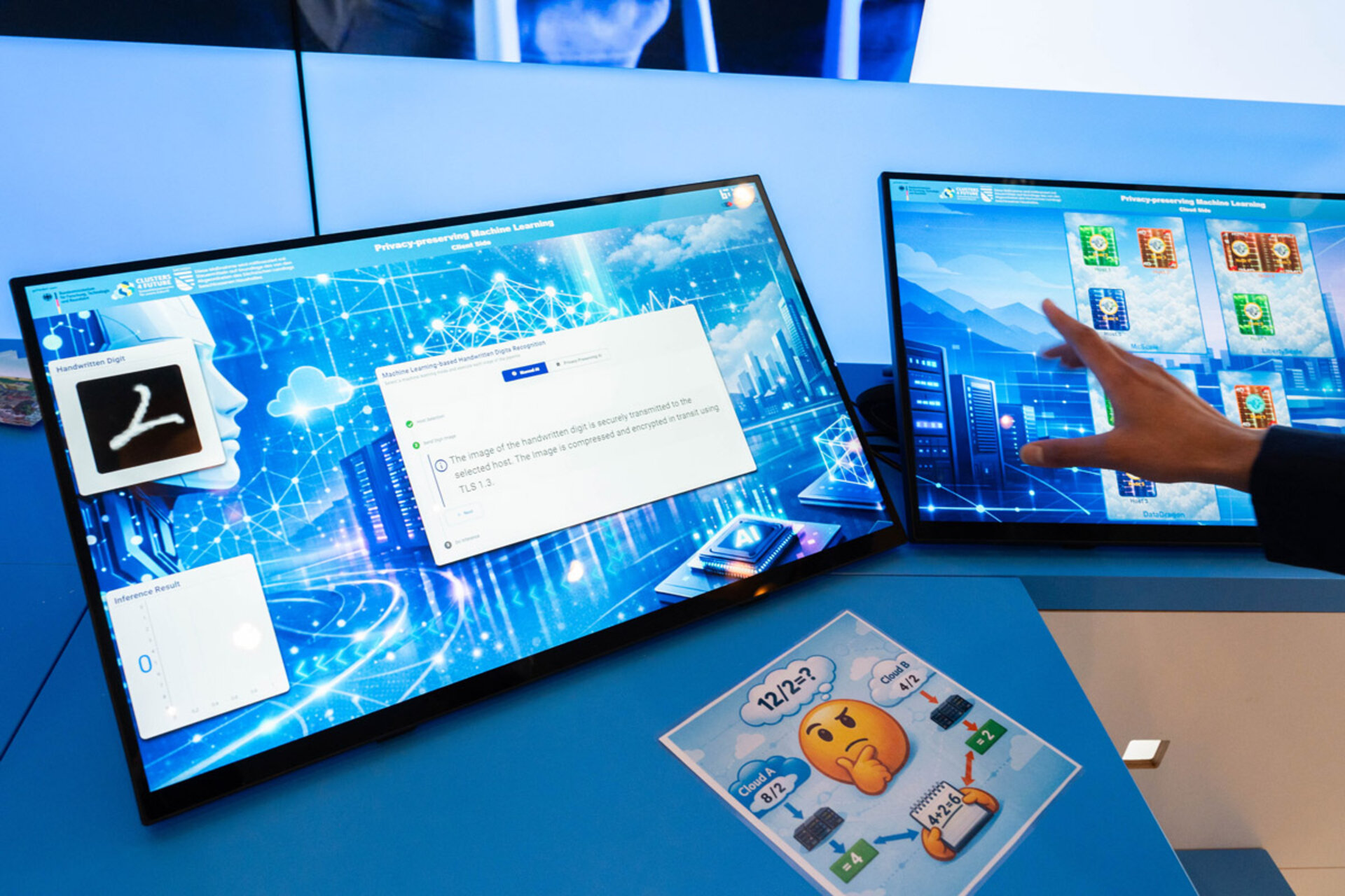 Zwei Bildschirme mit digitalen Grafiken und einer Hand, die auf den rechten Bildschirm zeigt