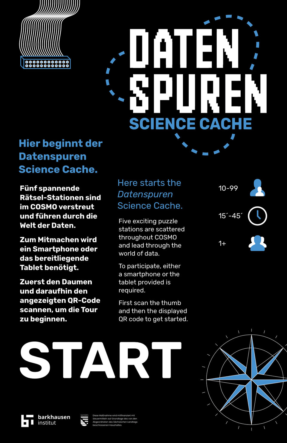 Poster for the exhibit “Data Traces” from the exhibition with a black background and white and blue lettering explaining the content