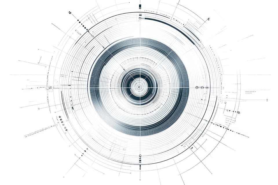 Black-and-white artistic line drawing of a radar with concentric circles and technical details