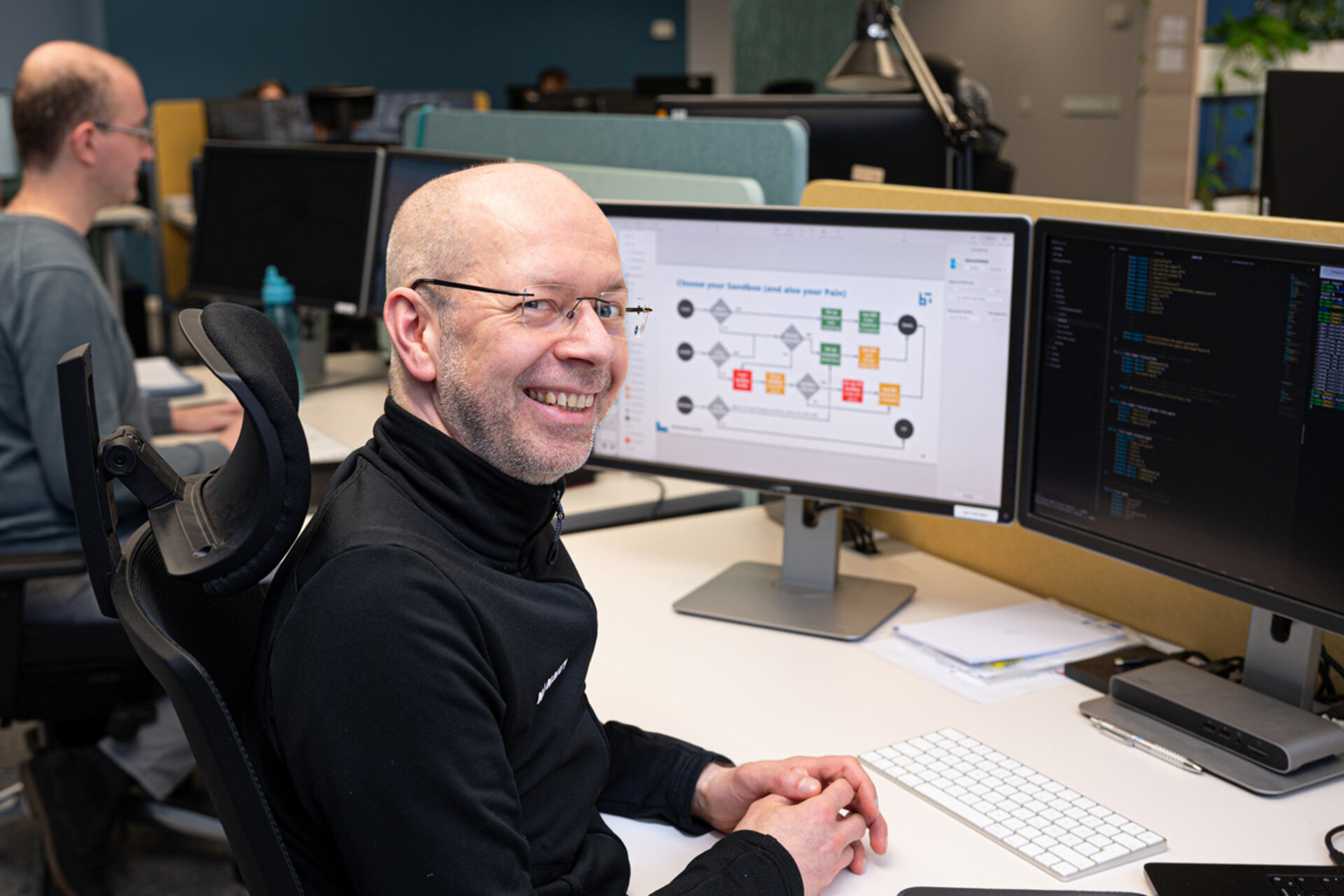 Zwei Personen sitzen an Schreibtischen mit mehreren Monitoren, auf einem Bildschirm ist ein farbiger Flussdiagramm-Entwurf zu sehen