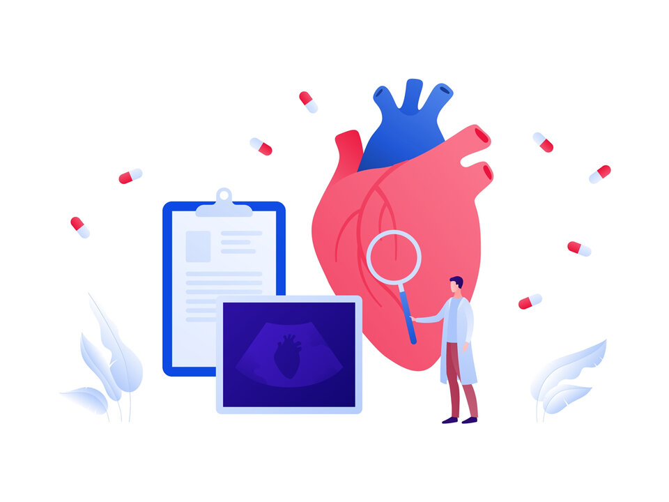 A drawn graphic with a large lifelike heart. In front of it is a figure in a white coat with a magnifying glass. Next to it is a clipboard and a screen.