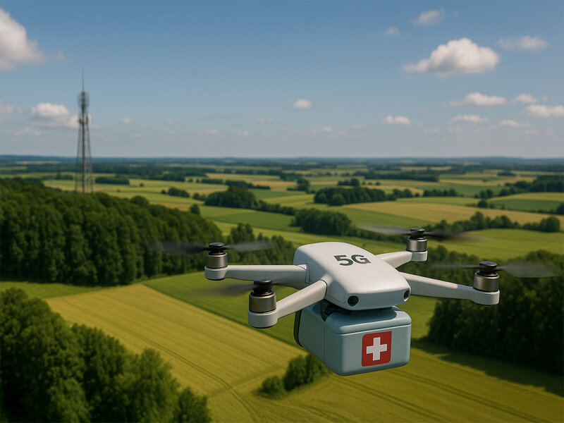  A drone flies over fields and forests. On its front is has a label with a white cross on a red background suggesting that it is used for some kind of medical reason. A drone flies over fields and forests. On its front is a sign with a white cross on a red background, indicating that it is being used for medical purposes. There is an antenna tower in the background. A drone flies over fields and forests. On its front is a sign with a white cross on a red background, indicating that it is being used for medical purposes. There is an antenna tower in the background. 