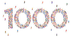 Top view of a lot of drawn people standing next to each other forming the number 1000. the picture has a white background. The people are motley.