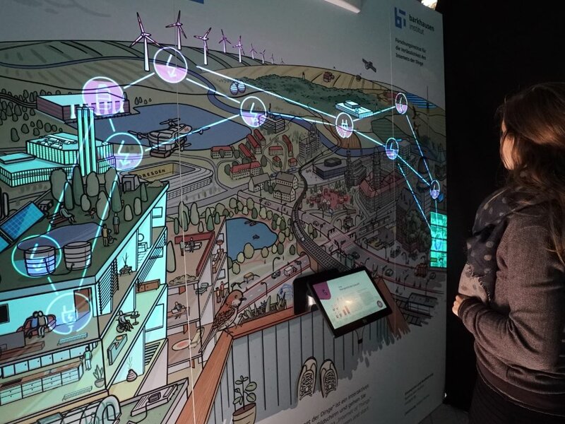 Exhibition of a luminous panorama illustration of the networking of digital devices