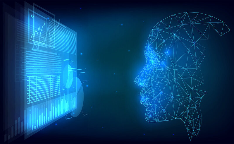 artificial head designed from networked lines viewed a screen with data