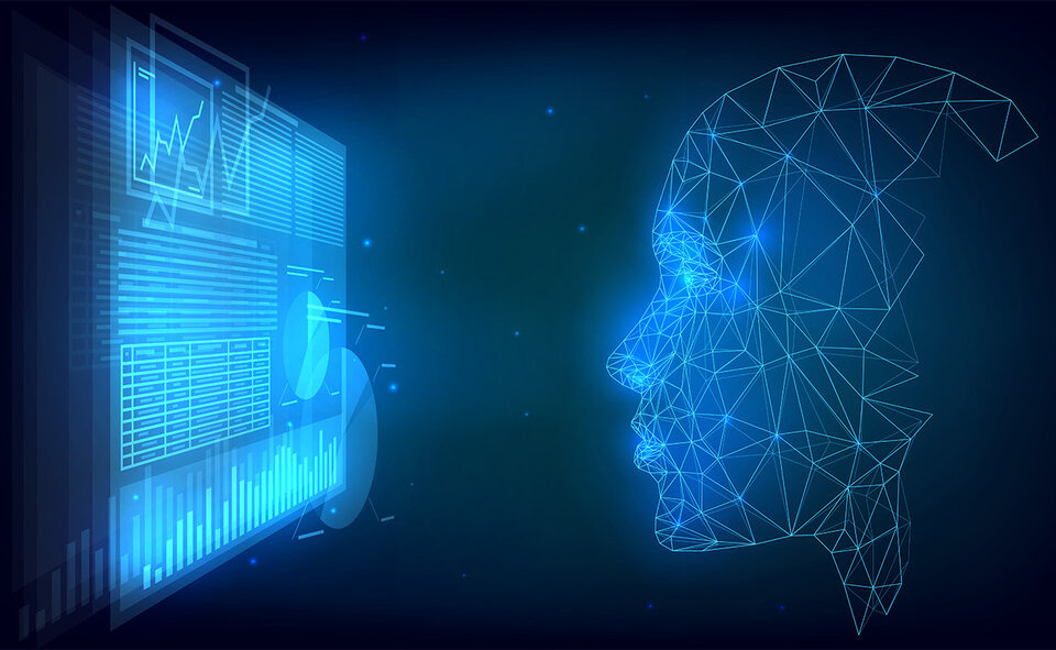 artificial head designed from networked lines viewed a screen with data
