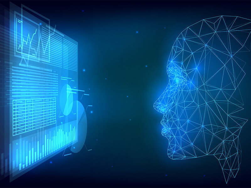 artificial head designed from networked lines viewed a screen with data