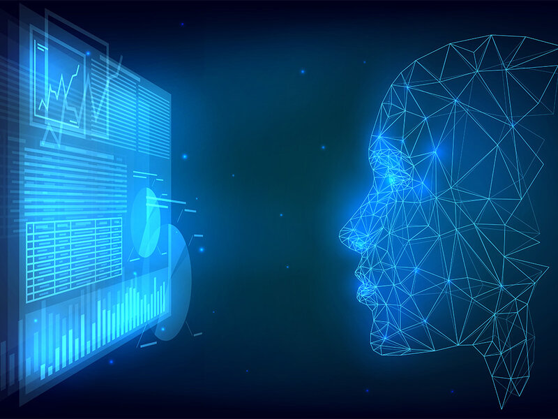 artificial head designed from networked lines viewed a screen with data