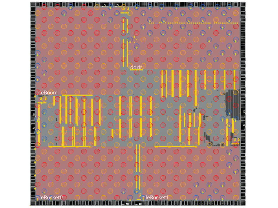 Bild einer Mikrochip-Schicht mit farbigen Markierungen und Beschriftungen wie 'ddrlf', 'tileBoom' und 'tileRocket'