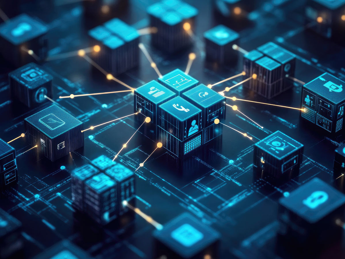 Vernetzte digitale Würfel mit Symbolen für Technologie und Datenfluss in Blau- und Schwarztönen